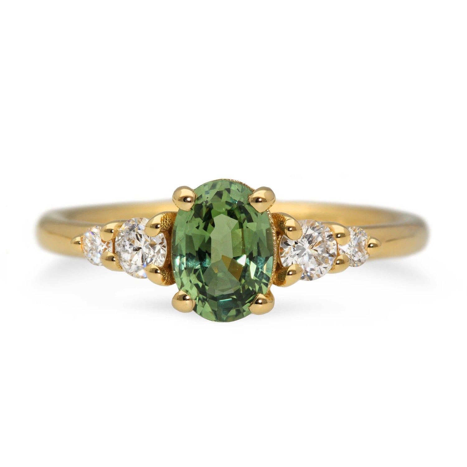 EC One GENEVIEVE Yellow Gold Oval Green Sapphire Engagement Ring made in our London B Corp workshop