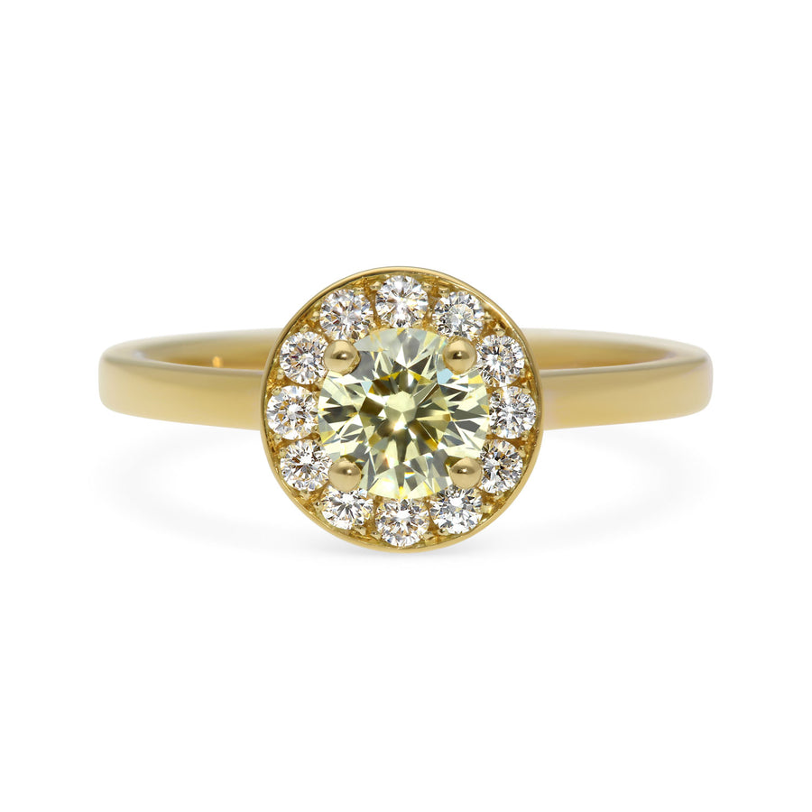 E.C.One London ethical jewellers EMMA Champagne Diamond Yellow Gold Halo Engagement Ring