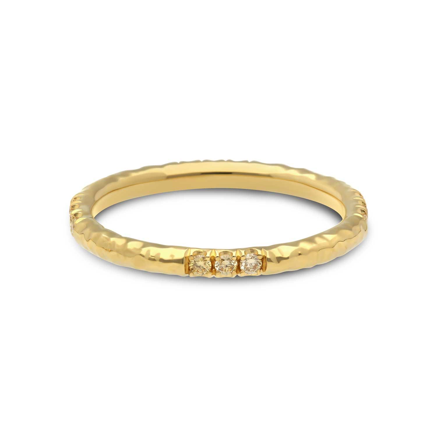 EC One ALICE Yellow Gold Hammered Wedding Ring with 12 Champagne Diamonds made in our London B Corp workshop