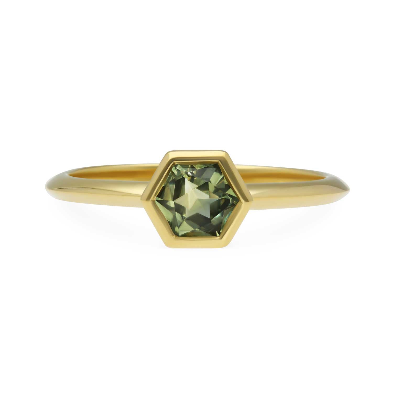 Ellie Air Ethical jewellery PRISM Ring with Geo Cut Montana Sapphire Yellow Gold