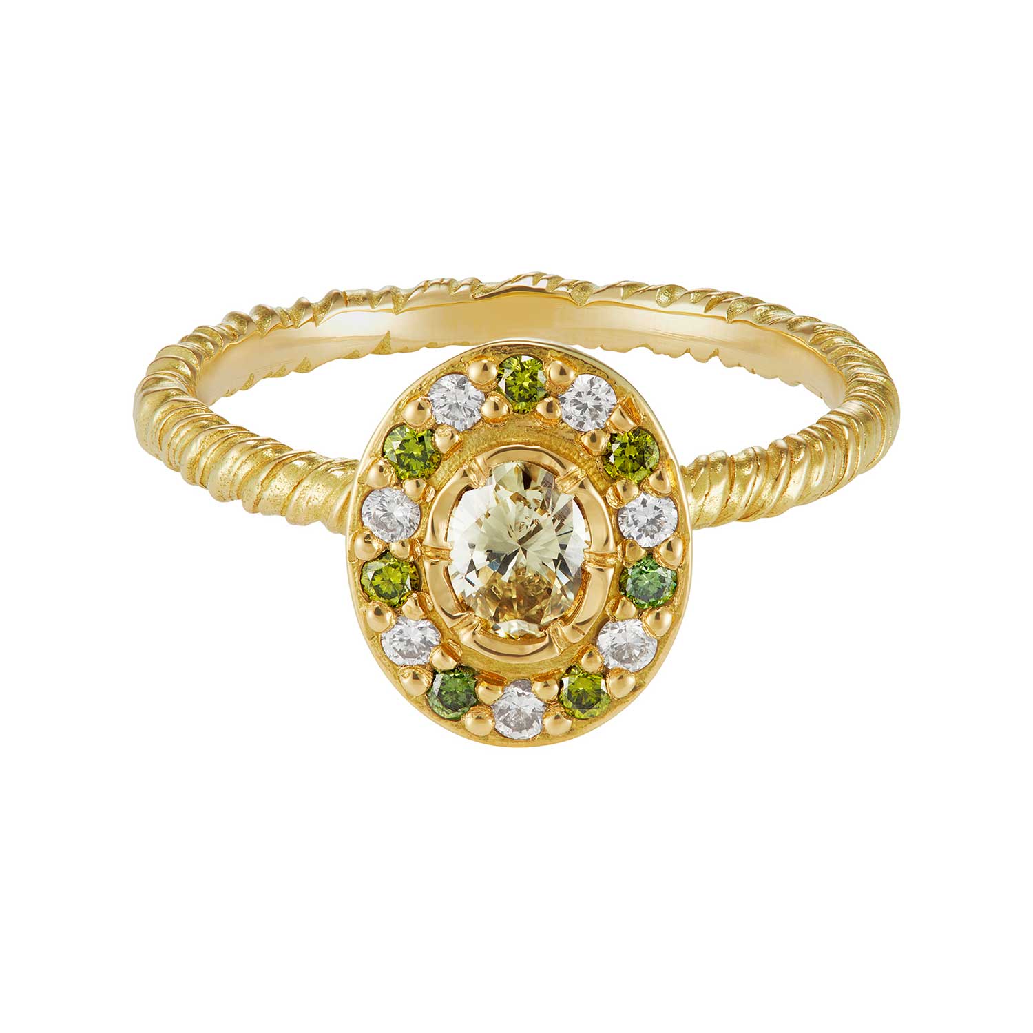 Natalie Perry at ethical jewellers E.C.One London Green Diamond Halo Ring