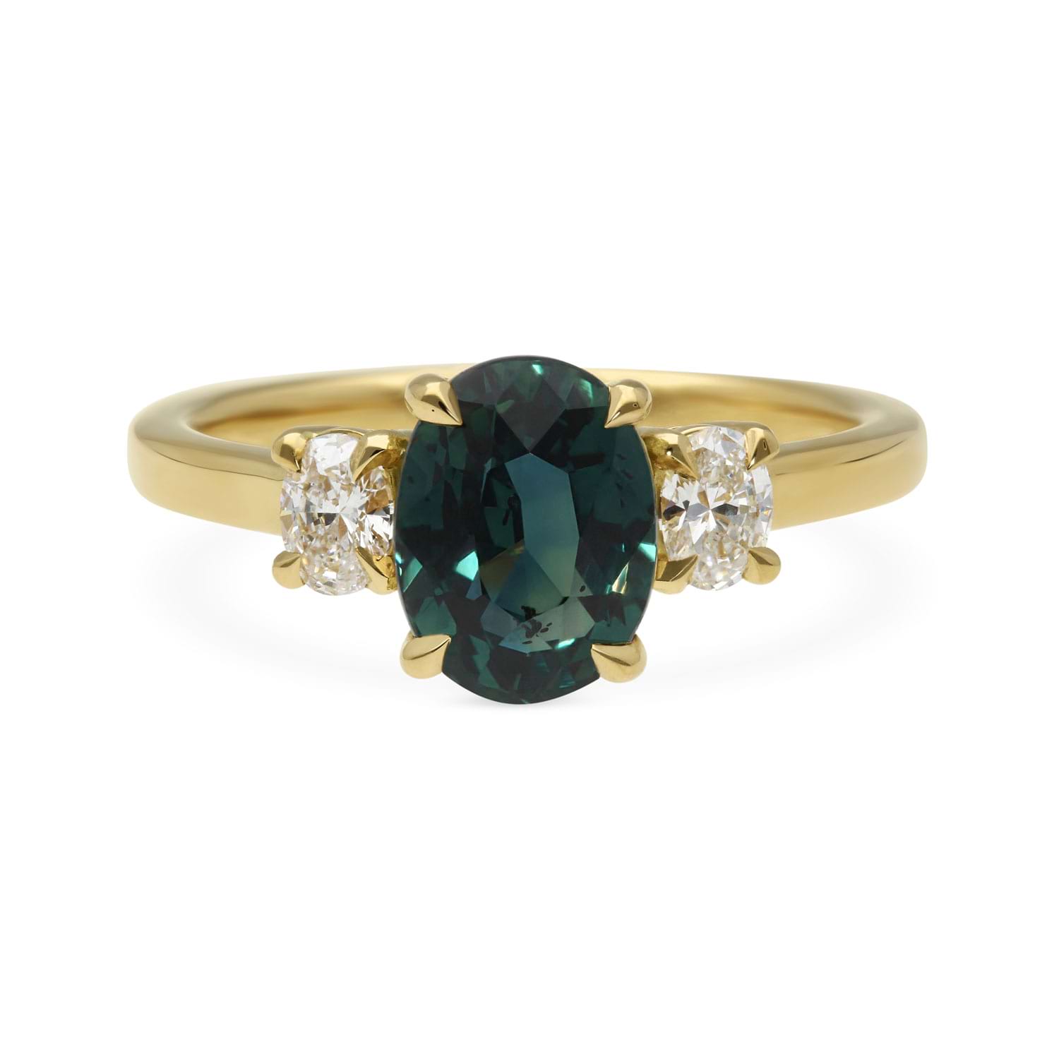 E.C.One London ethical OTTILIE Teal Oval Sapphire and Diamond Yellow Gold Trilogy Engagement Ring hand made in our B Corp London workshop