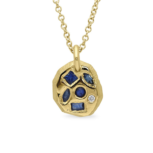 Page Sargisson CARVED Pendant Necklace Gold with Blue Sapphires & Diamond