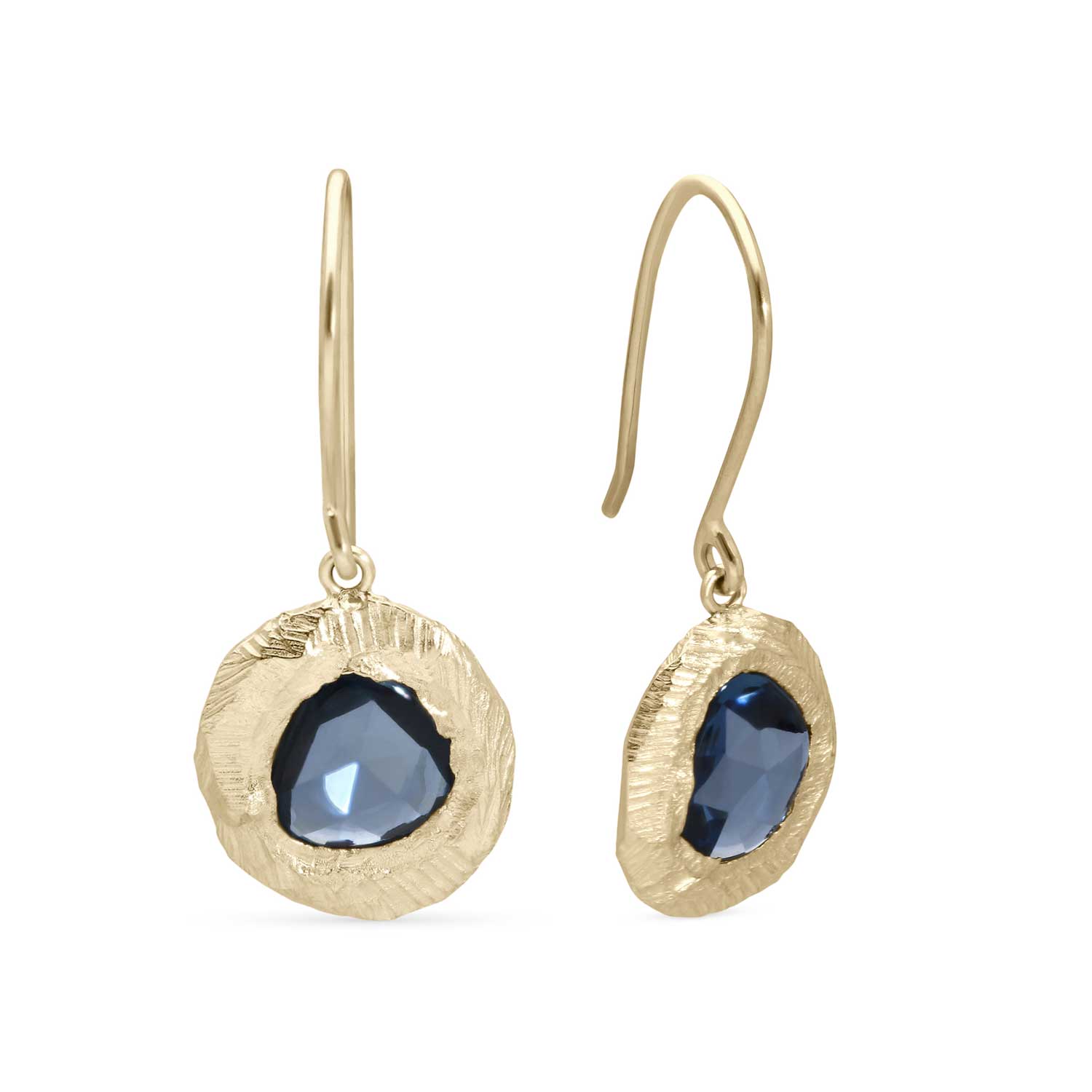 Page Sargisson at E.C.One London DROP Earrings Gold with Rose Cut Blue Sapphire