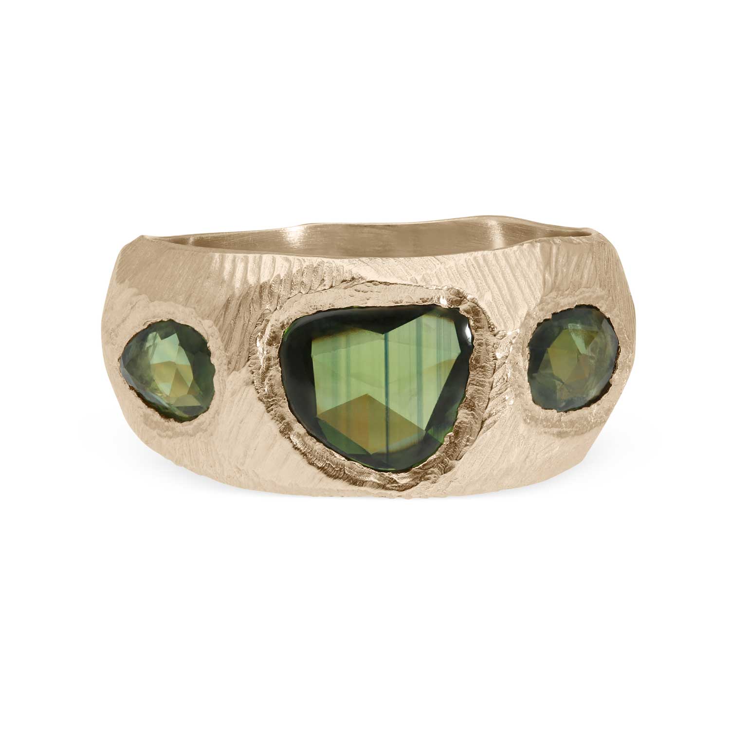 Page Sargisson at E.C.One London CARVED Gold Ring with 3 Green Sapphires