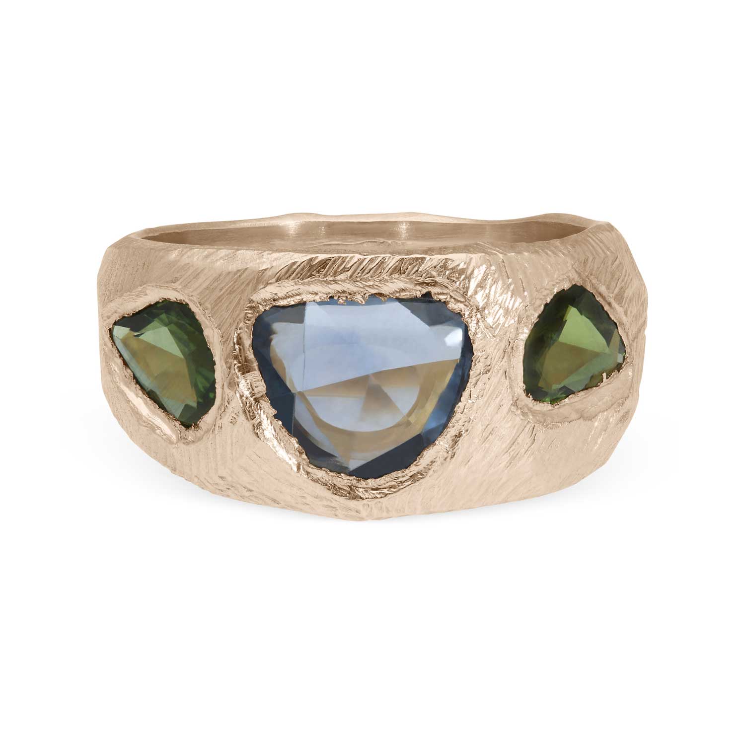 Page Sargisson at E.C.One London CARVED Gold Ring with Green & Blue Sapphires