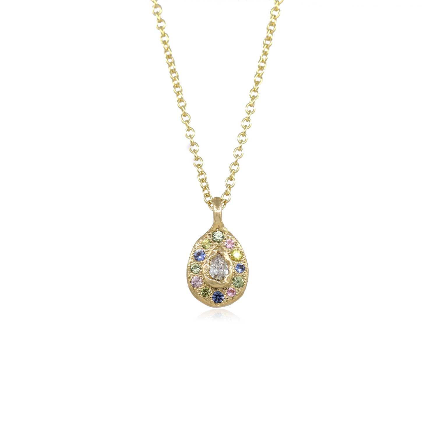 Belle Smith at E.C.One London Pear Cut Diamond with Sapphire Halo Pendant Necklace Gold