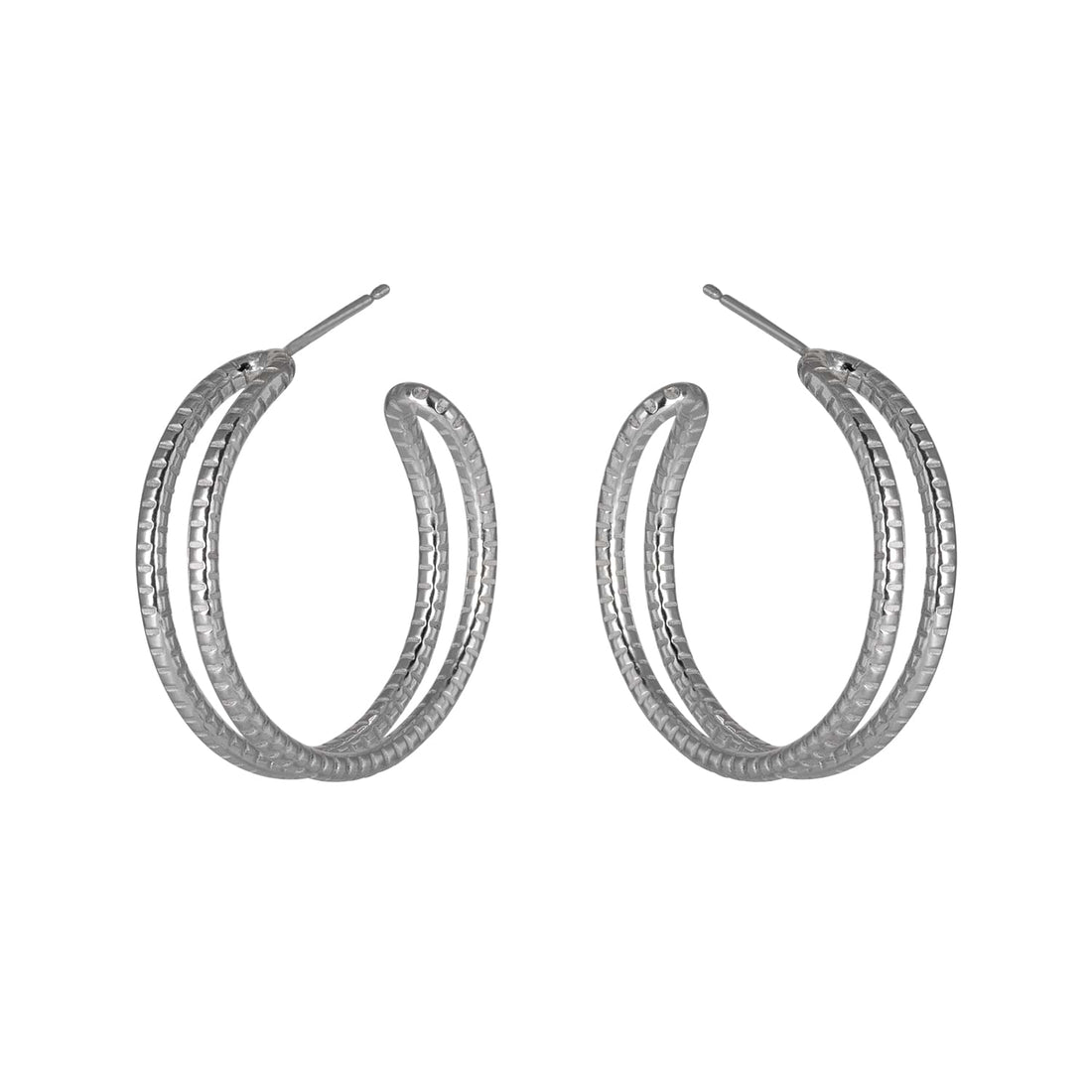 Cara Tonkin at E.C.One London Serpentine Large Textured Parallel Hoop Earrings Silver