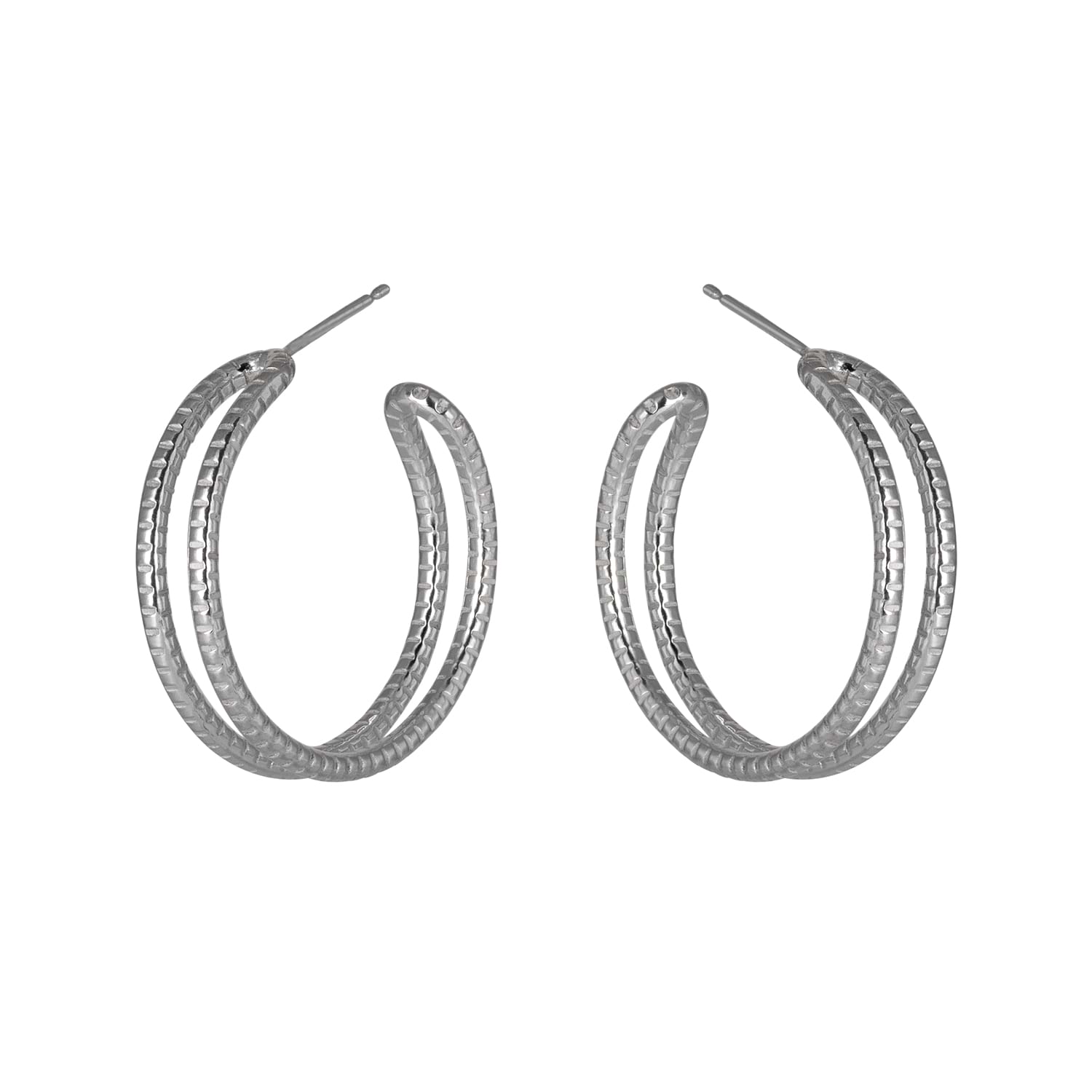 Cara Tonkin at E.C.One London Serpentine Large Textured Parallel Hoop Earrings Silver