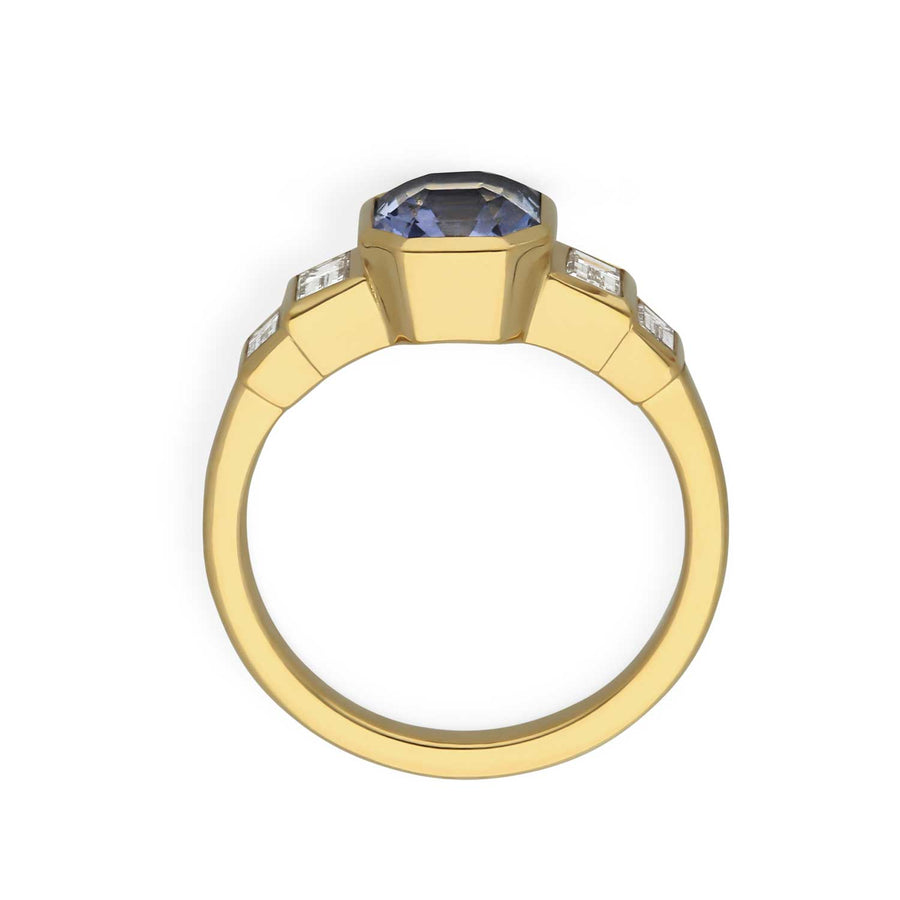 E.C. One EVELYN Deco Octagon Blue Sapphire Yellow Gold Engagement Ring handmade in our B Corp London workshop