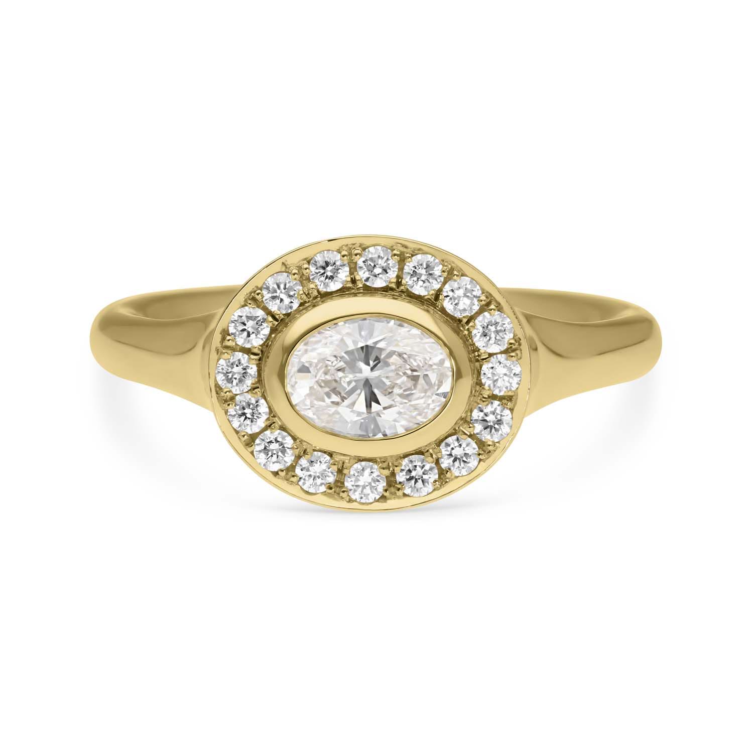 FRAME Oval Diamond Gold Ring with Diamond Halo by ethical jewellers E.C.One London, made in our B Corp London workshop