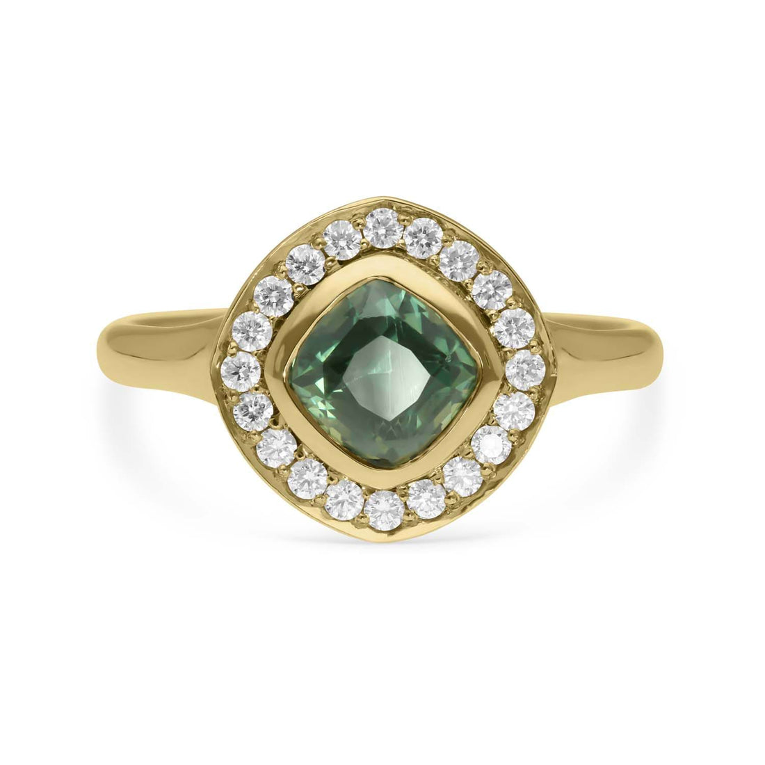 FRAME Gold Cushion Teal Sapphire Ring with Diamond Halo