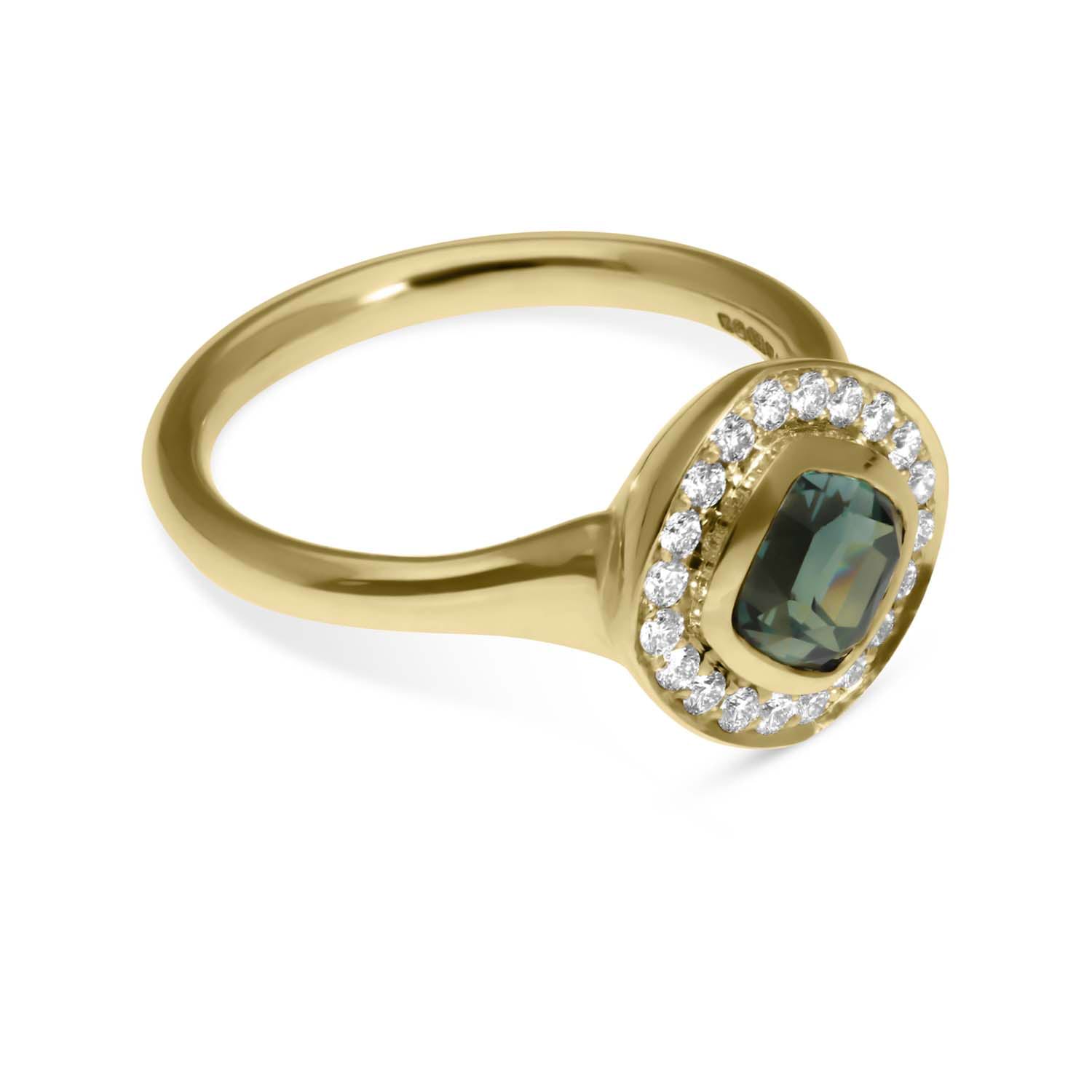 FRAME Gold Cushion Teal Sapphire Ring with Diamond Halo