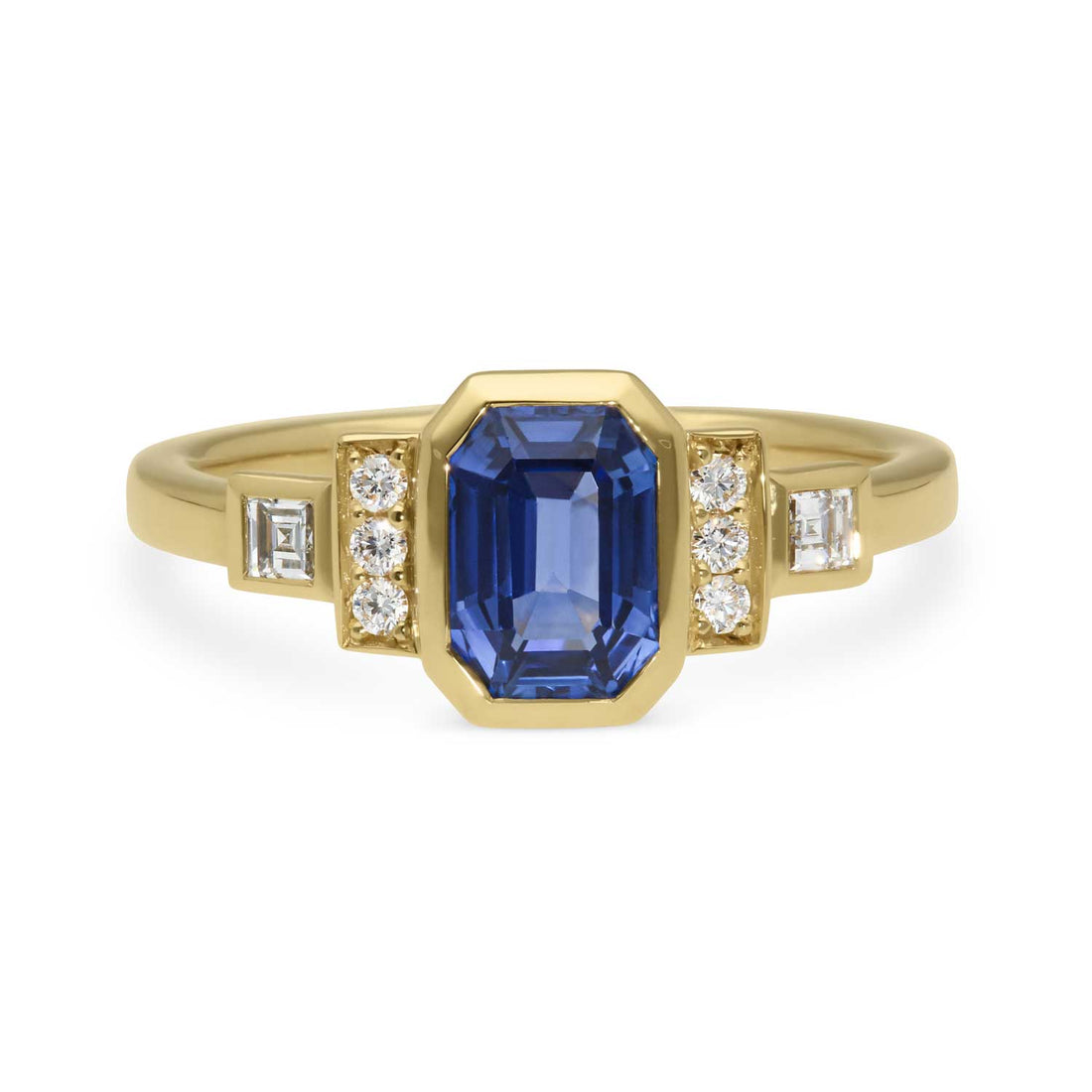 E.C.One HOPE Deco Octagon Blue Sapphire Yellow Gold Engagement Ring made in our B Corp certified London Workshop