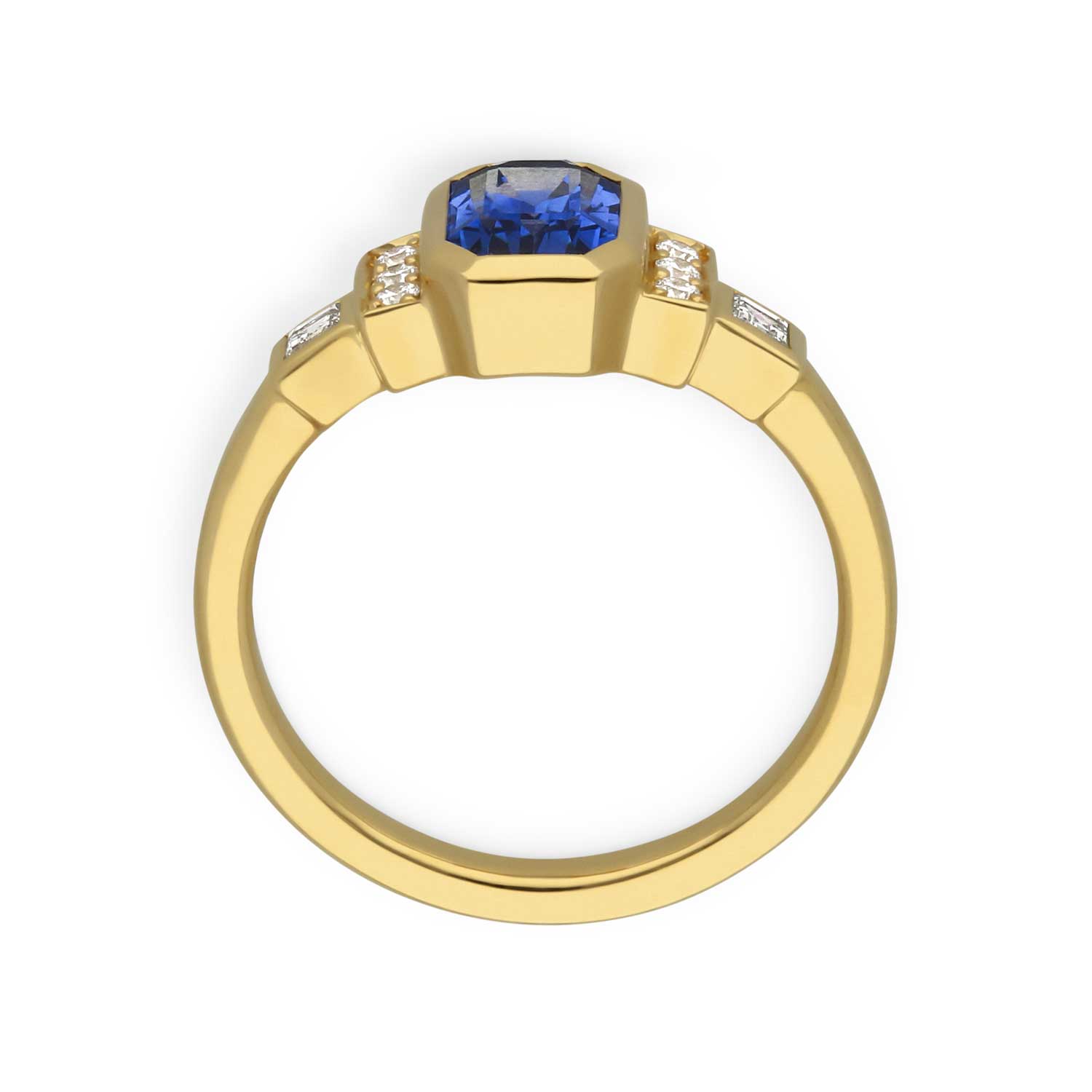 E.C.One HOPE Deco Octagon Blue Sapphire Yellow Gold Engagement Ring made in our B Corp certified London Workshop