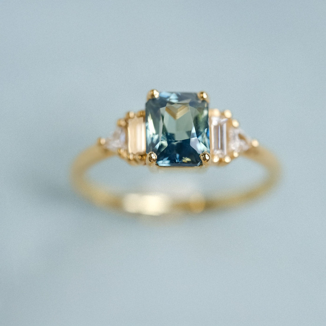 E.C.One AUDREY Yellow Gold Teal Sapphire and Diamond Engagement Ring ethically made in our B Corp London workshop