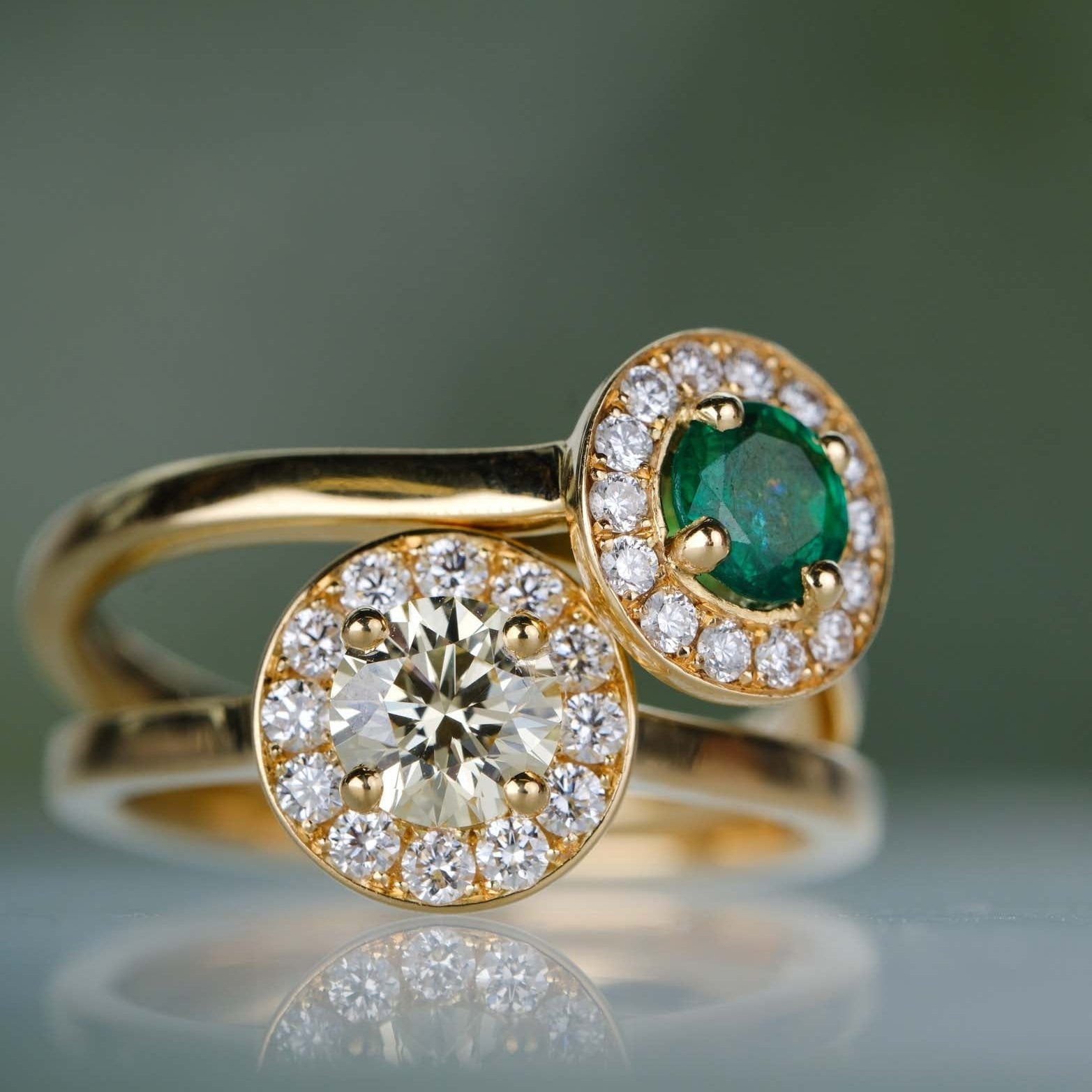 EC One EMMA Emerald and Diamond Halo Ring in Yellow Gold made in their B Corp London workshop