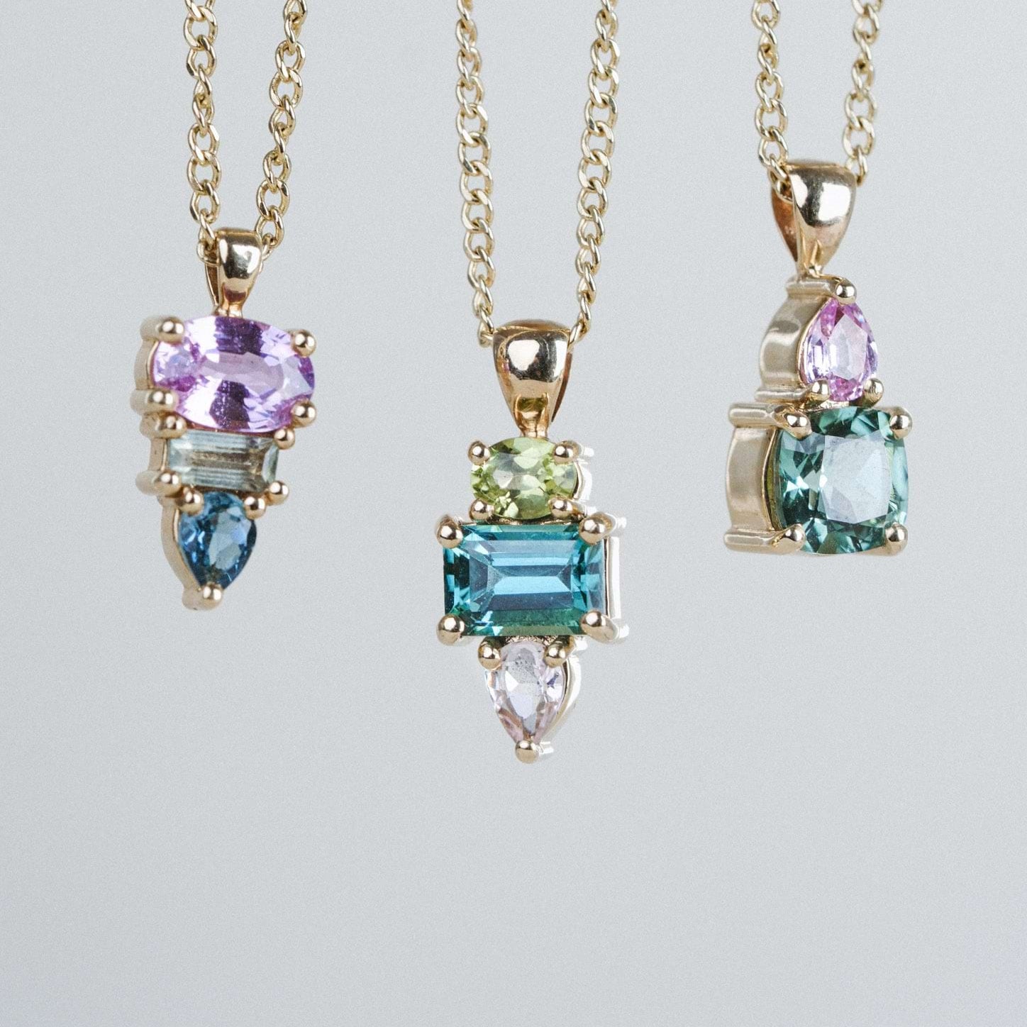 E.C.One London ethical ELISE Triple Gemstone recycled Gold Pendant Necklace with Tourmaline