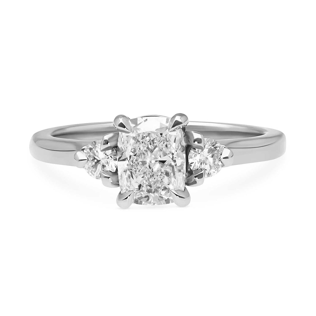 E.C.One ethical B Corp London engagement ring jeweller created this STELLA Cushion Diamond Platinum Trilogy Engagement Ring