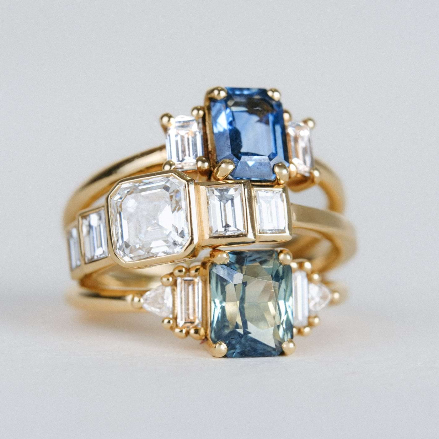 E.C.One AUDREY Yellow Gold Teal Sapphire and Diamond Engagement Ring ethically made in our B Corp London workshop