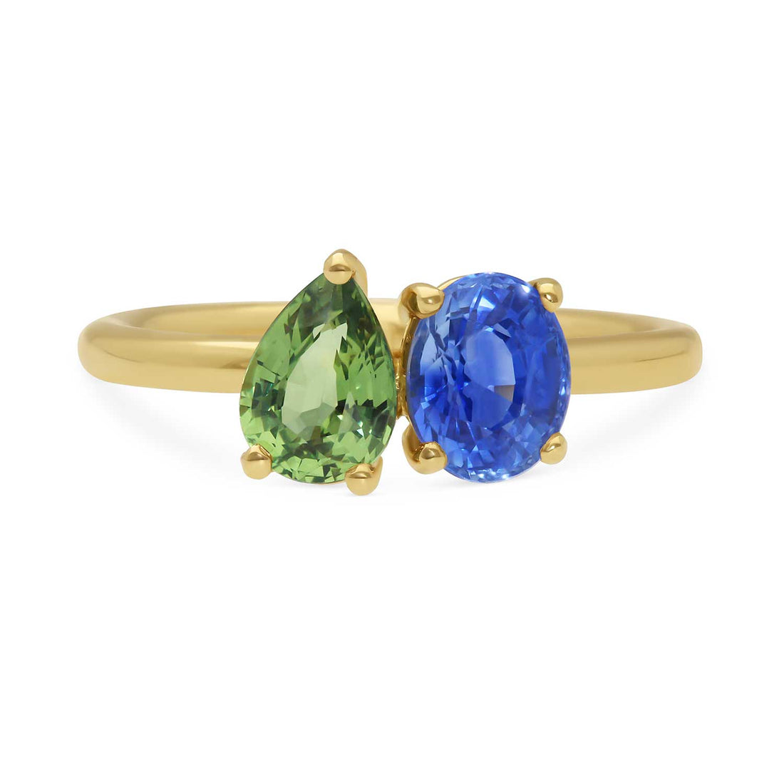 E.C.One ethical bespoke London jewellers. This JOSEPHINE Toi & Moi Ring Yellow Gold with Green & Blue Sapphires is made onsite in our B Corp certified London workshop