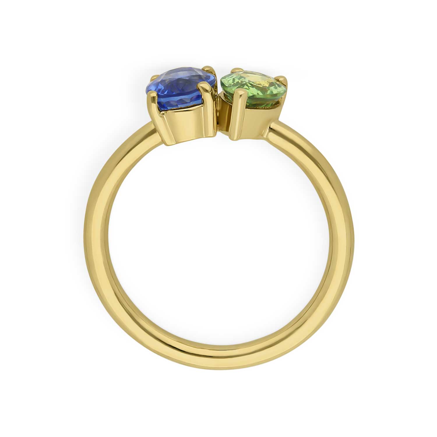 E.C.One ethical bespoke London jewellers. This JOSEPHINE Toi & Moi Ring Yellow Gold with Green & Blue Sapphires is made onsite in our B Corp certified London workshop