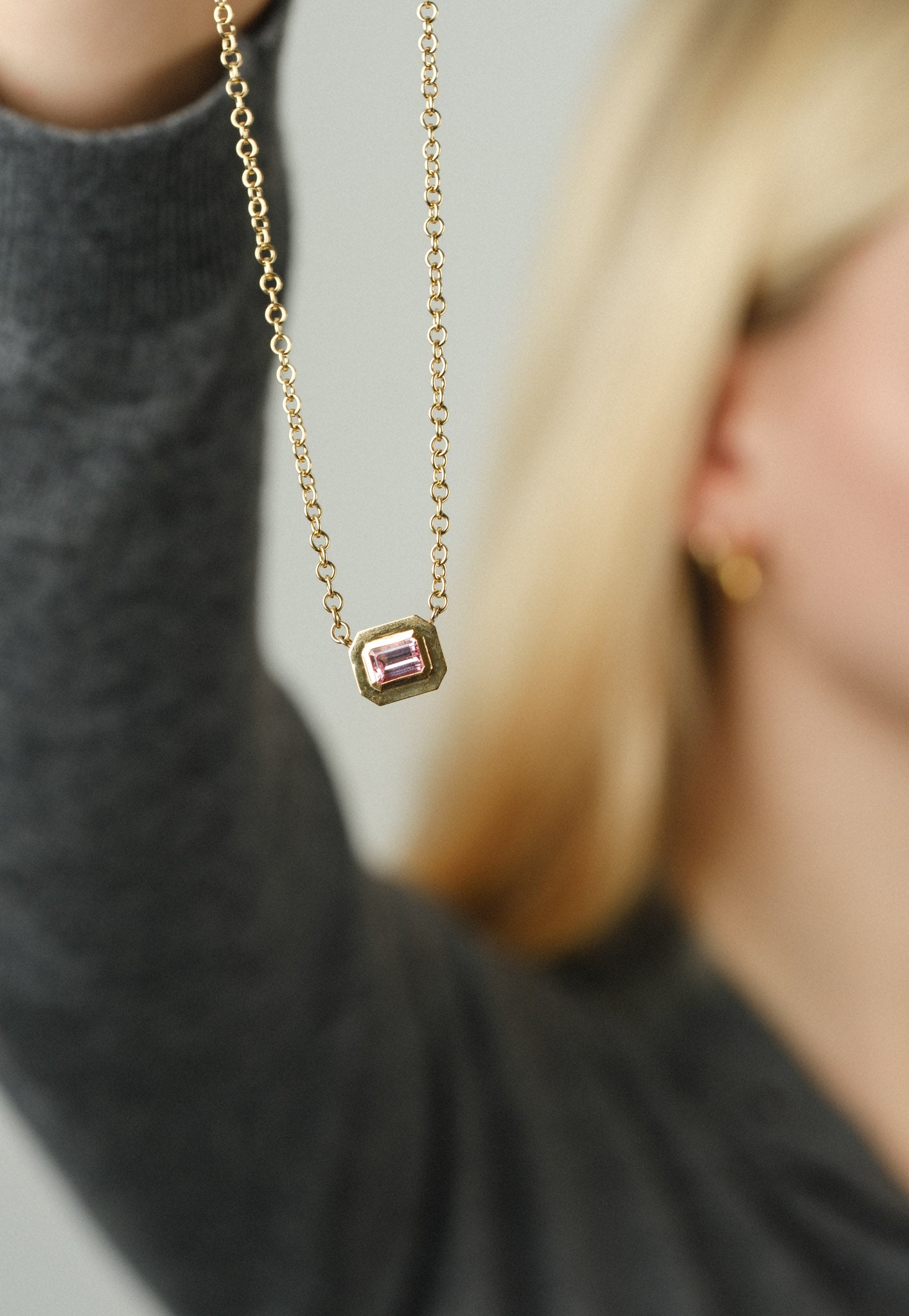 FRAME Large Framed Pink Tourmaline Gold Necklace by ethical jewellers E.C.One London, made in our B Corp London workshop