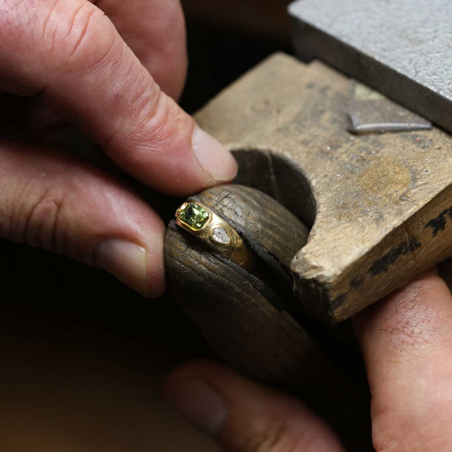 E.C.One ISLA Yellow Gold Green Sapphire and Diamond Engagement Ring made in our B Corp London workshop