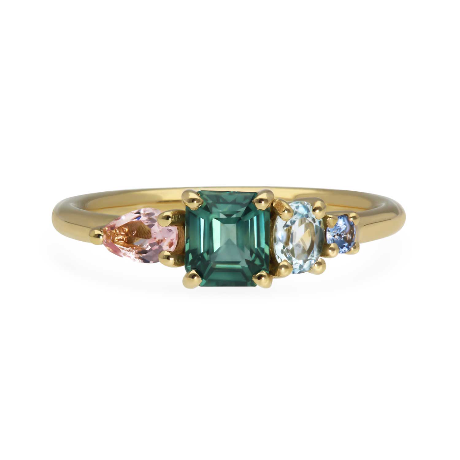 EC One Large ELISE 18ct recycled Yellow Gold Ring with Teal Sapphire made in our London B Corp workshop