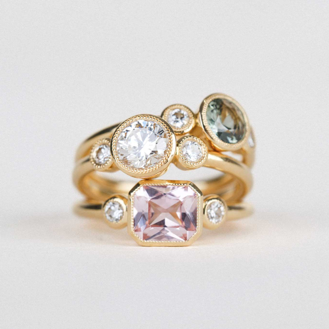 LOTTIE Milgrain Peach Sapphire Diamond Engagement Ring made by ethical jeweller E.C.One in our B Corp London workshop