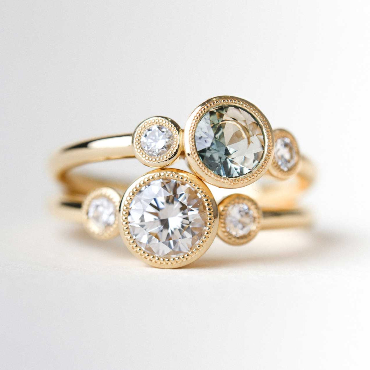 EC One NINA Milgrain Ethical Madagascan Green Sapphire Diamond Engagement Ring hand made in our B Corp London Workshop