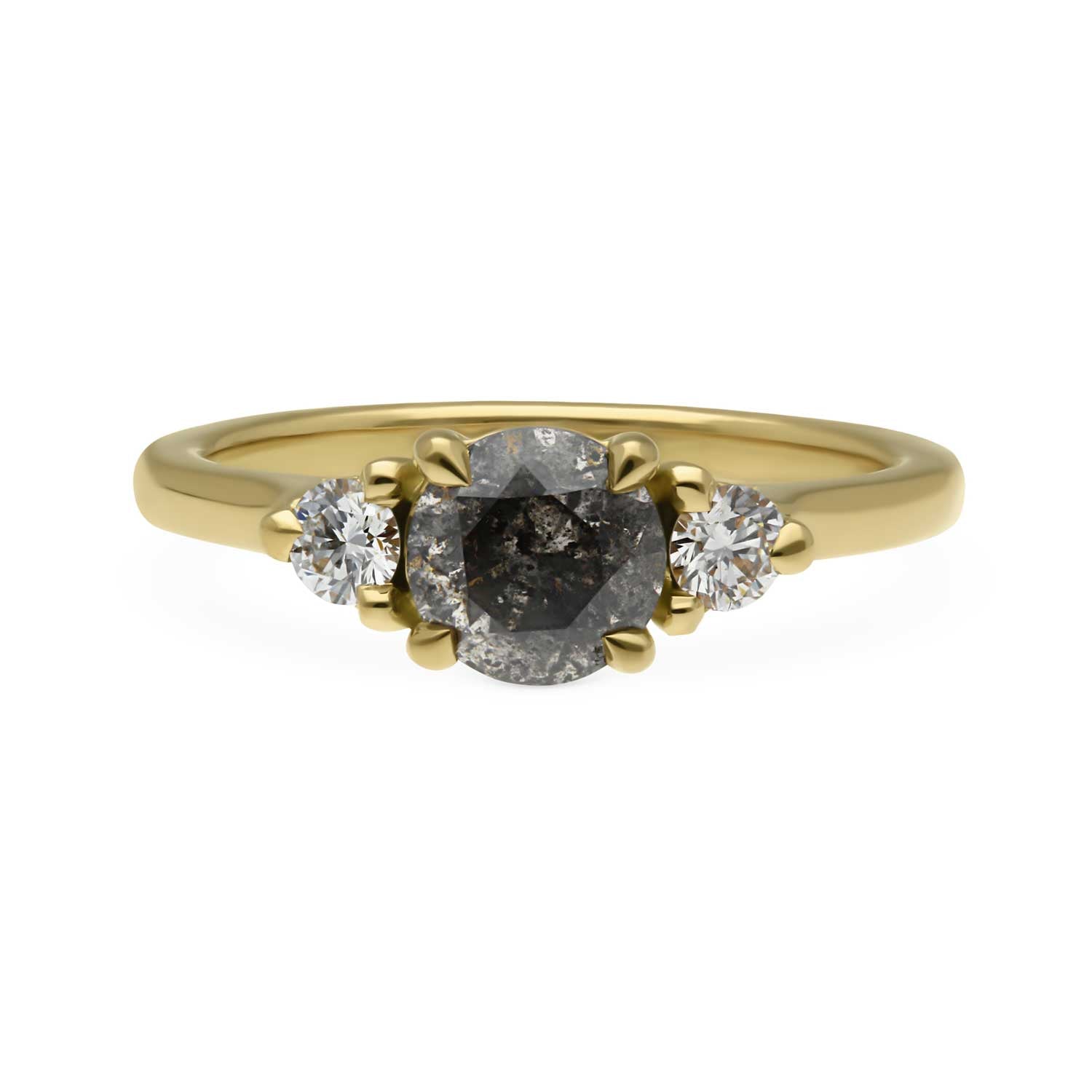 E.C.One London ethical engagement ring STELLA Round Salt and Pepper Diamond Yellow Gold Trilogy Engagement Ring