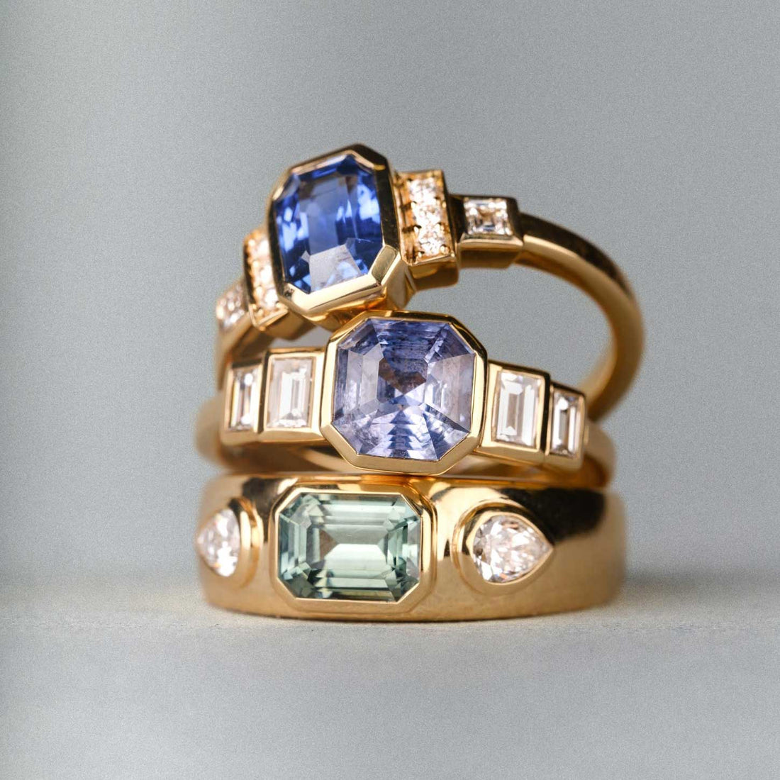 E.C.One HOPE Deco Octagon Blue Sapphire Yellow Gold Engagement Ring made in our B Corp certified London Workshop