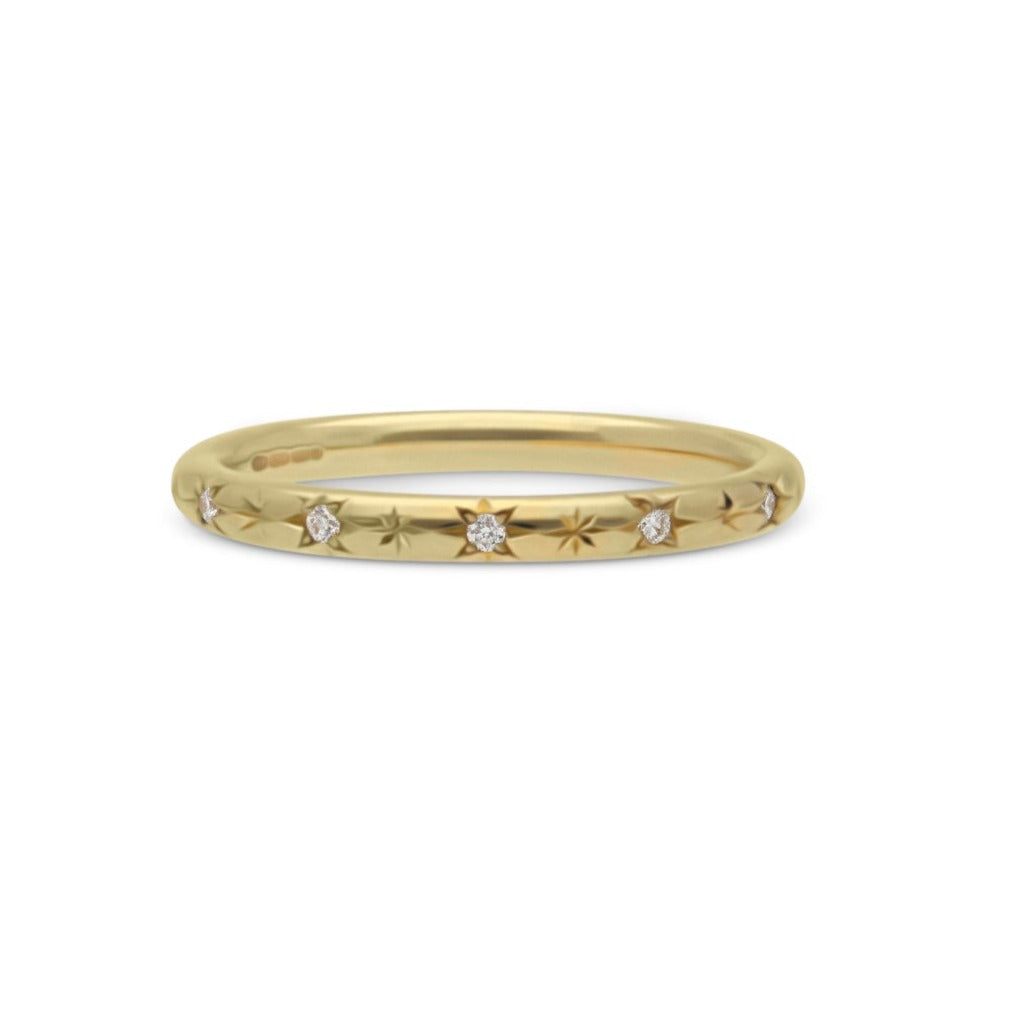 E.C. One NANCY Gold Wedding Ring with Engraved & Diamond Detailing made in our B Corp London workshop