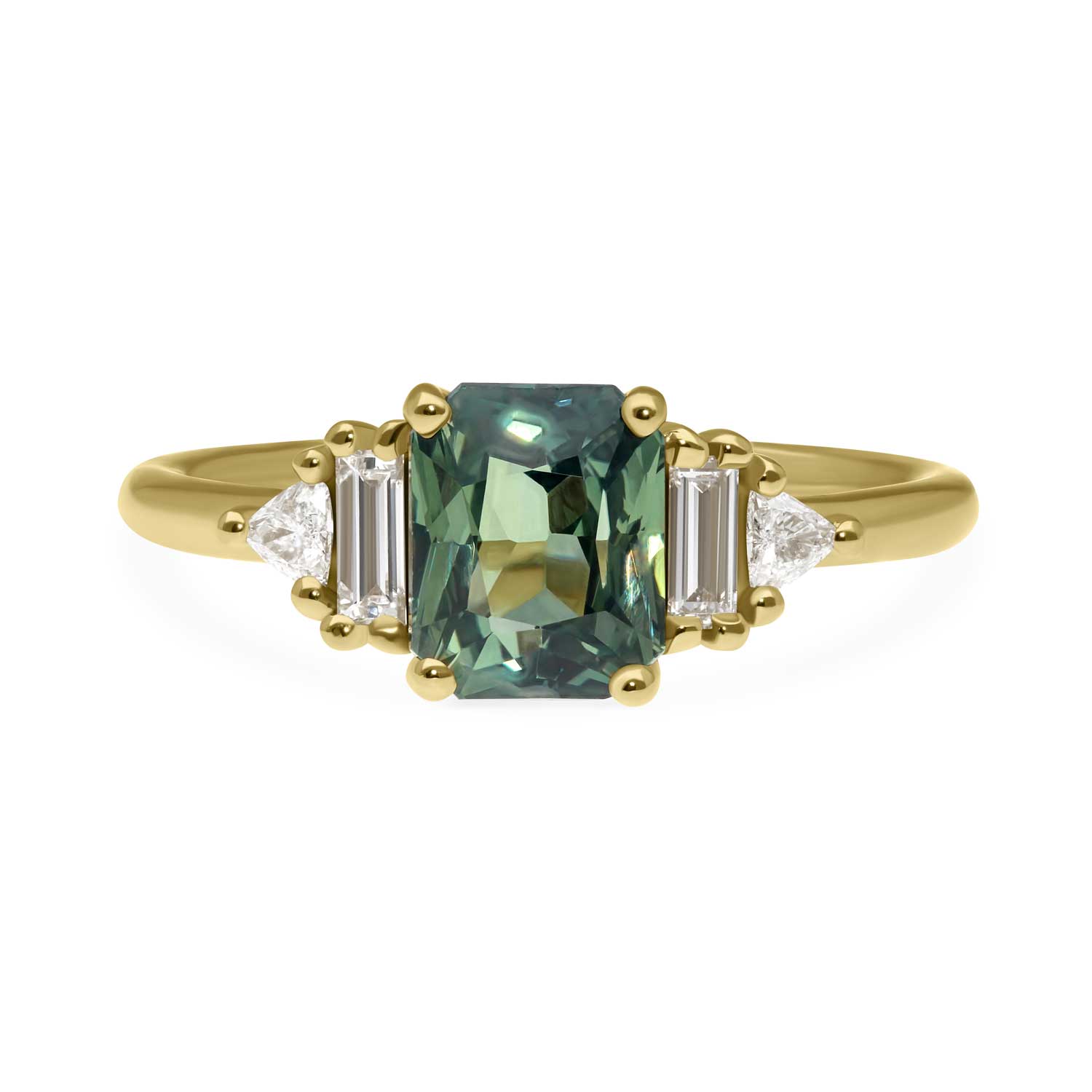 E.C.One AUDREY Yellow Gold Teal Sapphire and Diamond Engagement Ring ethically made in our B Corp London workshop