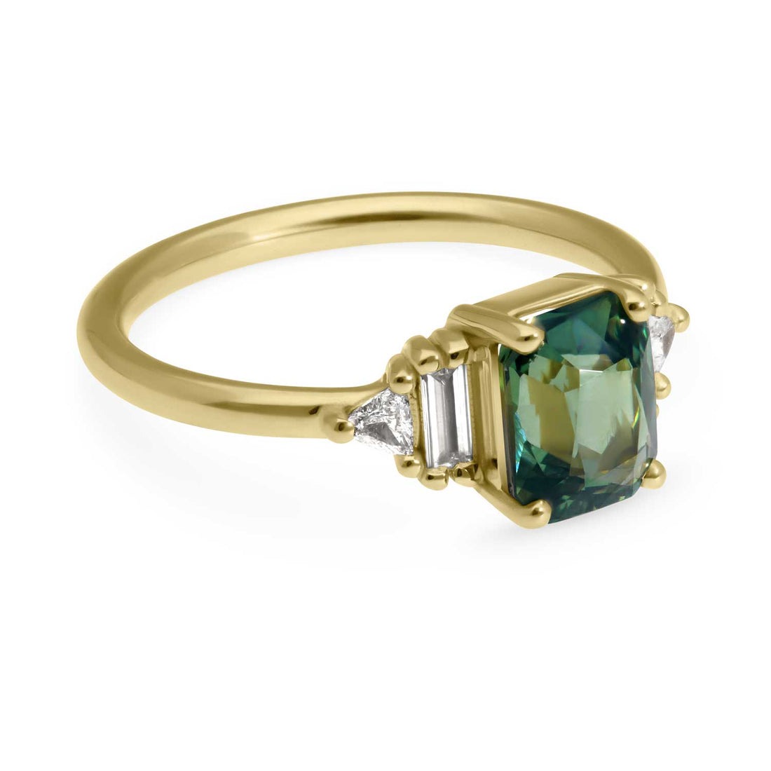 E.C.One AUDREY Yellow Gold Teal Sapphire and Diamond Engagement Ring ethically made in our B Corp London workshop