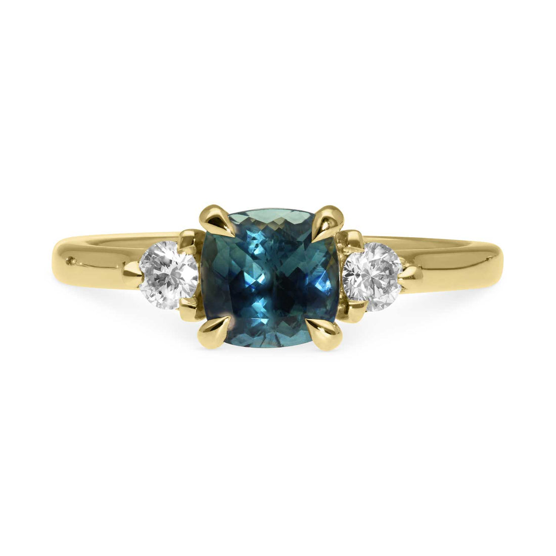 E.C.One STELLA Cushion Teal Sapphire and Diamond Yellow Gold Trilogy Engagement Ring made in our B Corp London workshop