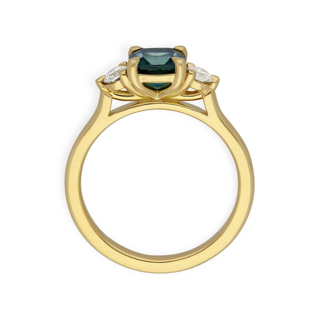 E.C.One STELLA Cushion Teal Sapphire and Diamond Yellow Gold Trilogy Engagement Ring made in our B Corp London workshop