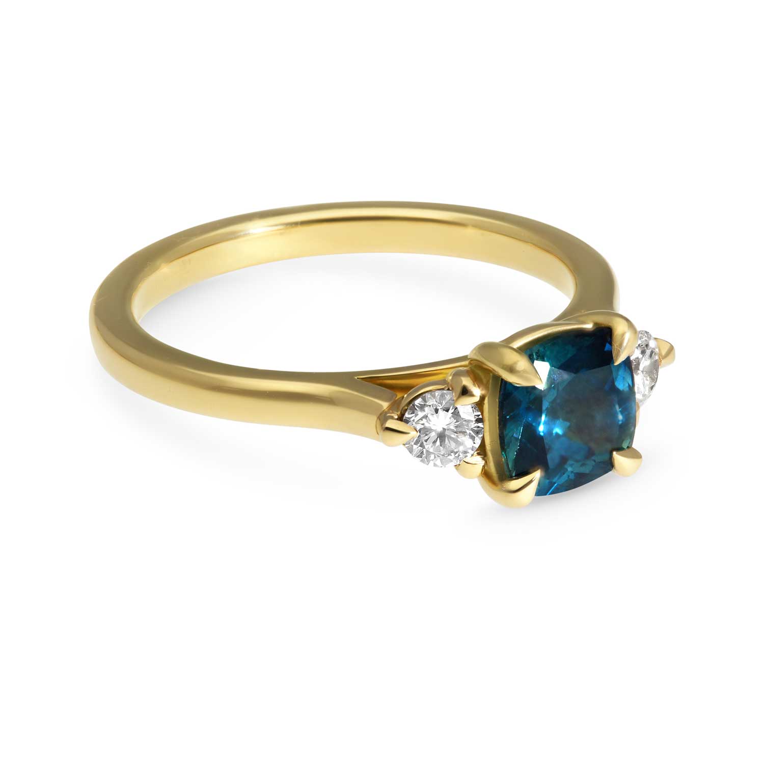 E.C.One STELLA Cushion Teal Sapphire and Diamond Yellow Gold Trilogy Engagement Ring made in our B Corp London workshop