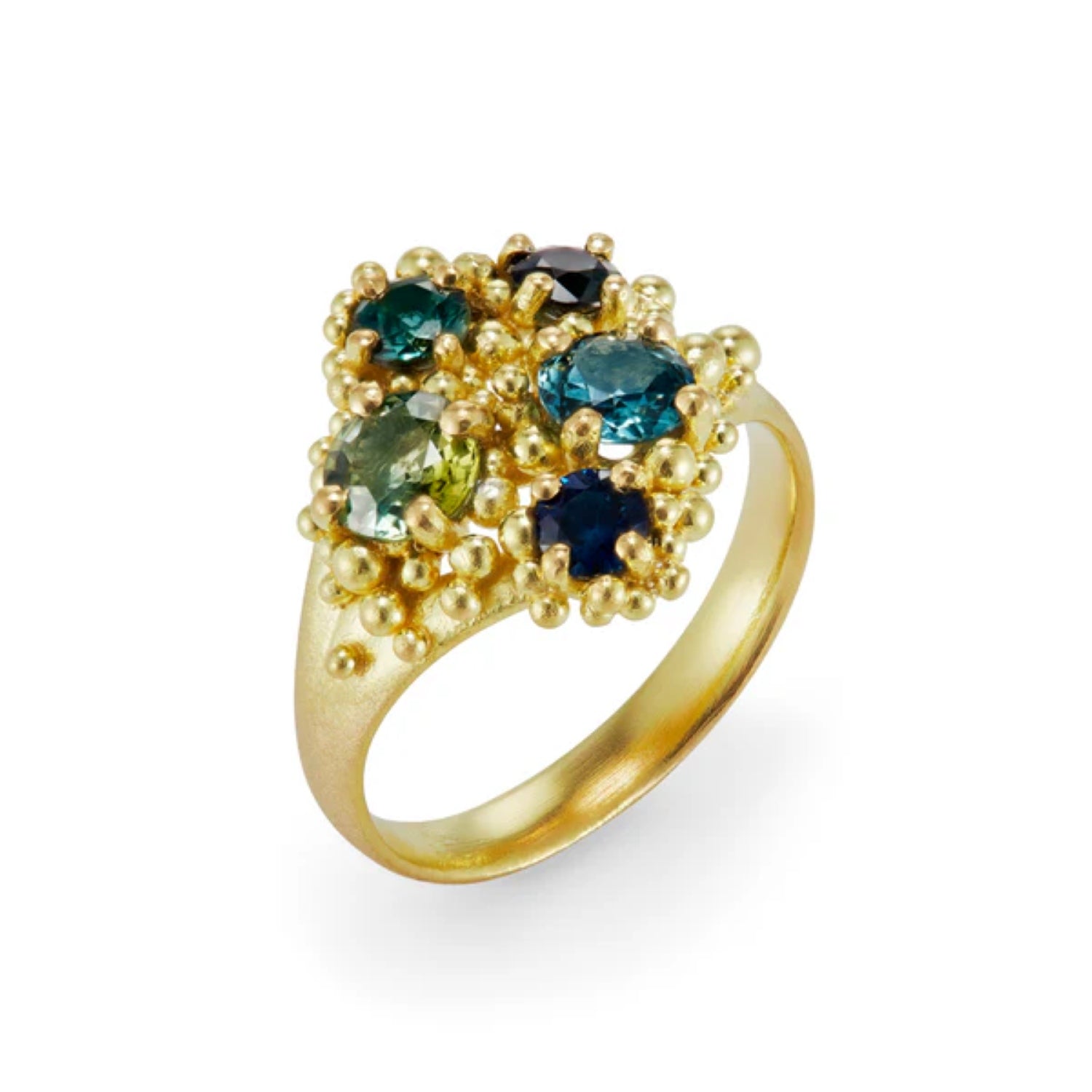 Hannah Bedford at E.C.One London REEF Gold Ring with Blue and Green Sapphires