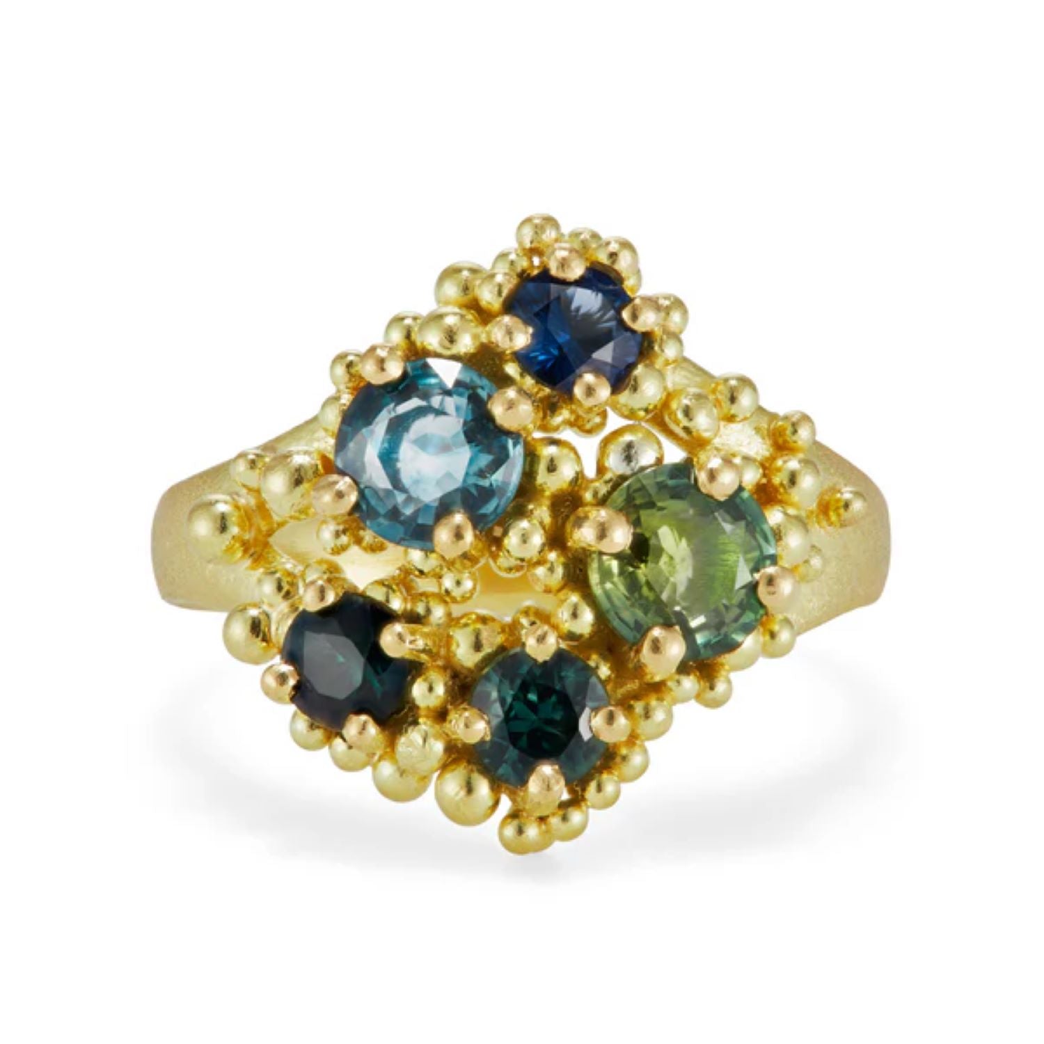 Hannah Bedford at E.C.One London REEF Gold Ring with Blue and Green Sapphires