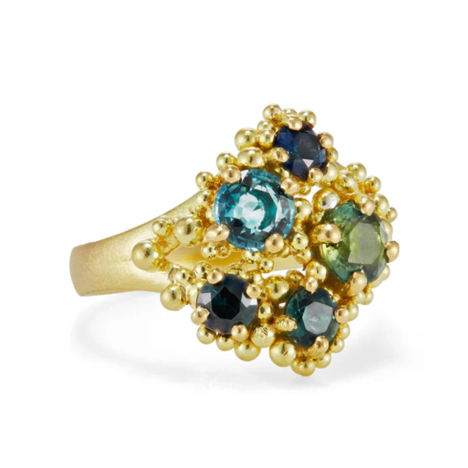 Hannah Bedford at E.C.One London REEF Gold Ring with Blue and Green Sapphires