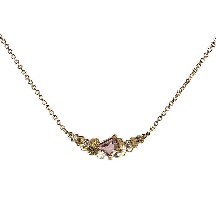 Jo Hayes Ward at E.C.One London HEX Crescent Chaos Necklace Yellow Gold with Pink Tourmaline & Diamonds