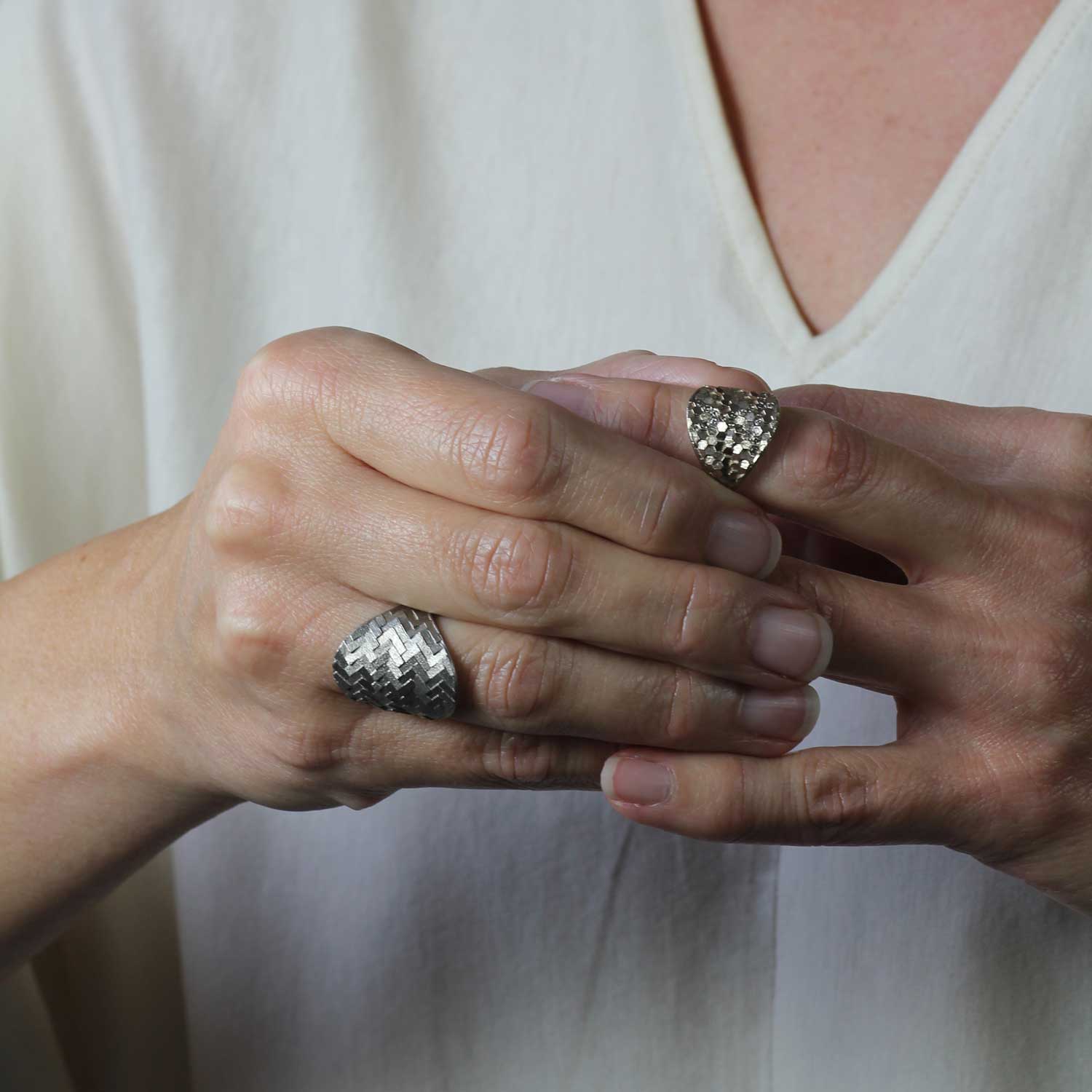 Jo Hayes Ward at E.C.One London HEX Small Shield Ring Warm White Gold with Brown Diamonds