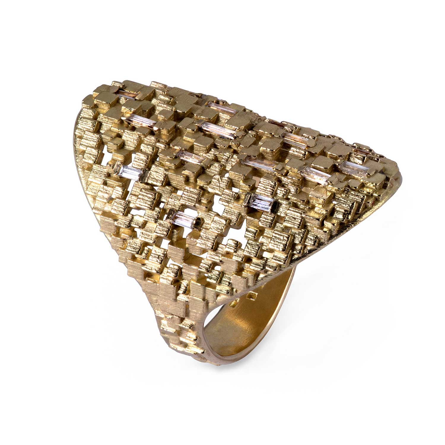 Jo Hayes Ward at E.C.One London  CUBE Extra large Shield Ring Yellow Gold with Diamonds