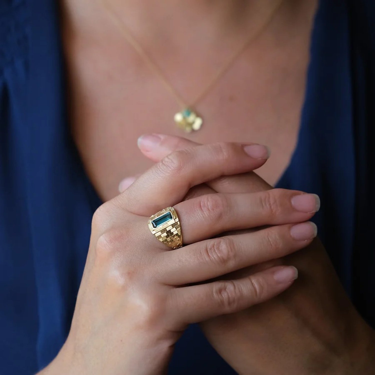 Jo Hayes Ward at E.C.One London DECO Tapered Ring Yellow Gold with Blue Tourmaline