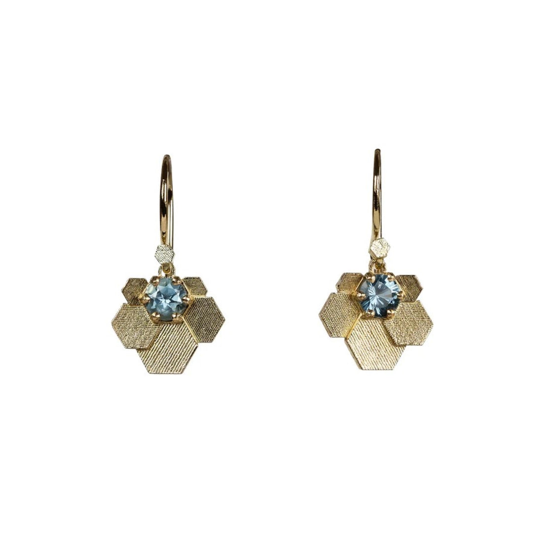 Jo Hayes Ward at E.C.One London HEX Fan Drop Earrings Yellow Gold with Teal Sapphires