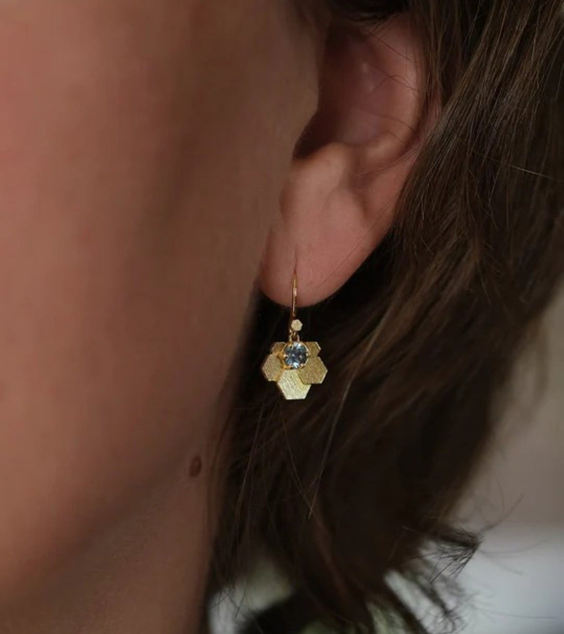 Jo Hayes Ward at E.C.One London HEX Fan Drop Earrings Yellow Gold with Teal Sapphires