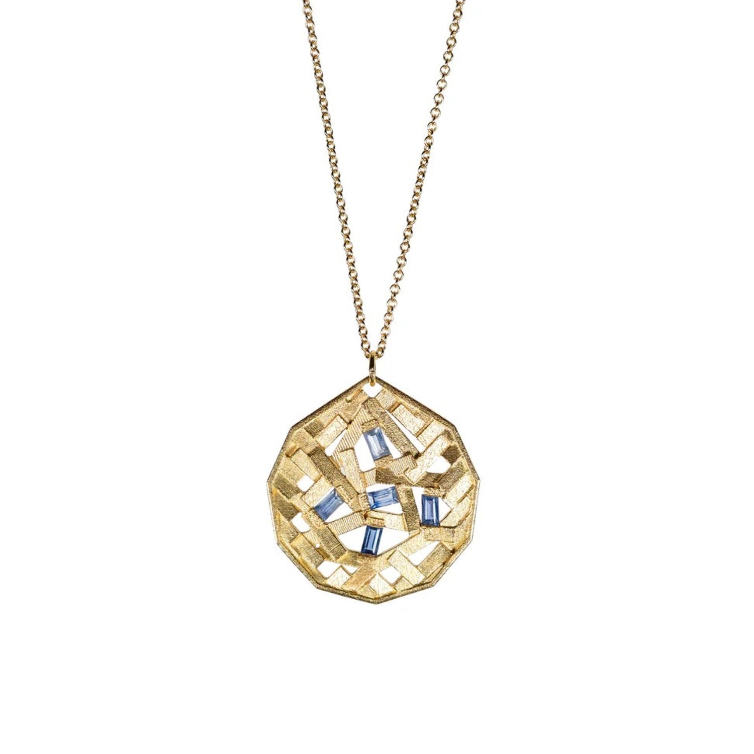 Jo Hayes Ward at E.C.One London PARQUET Koin Chaos Necklace Yellow Gold with Blue Sapphires