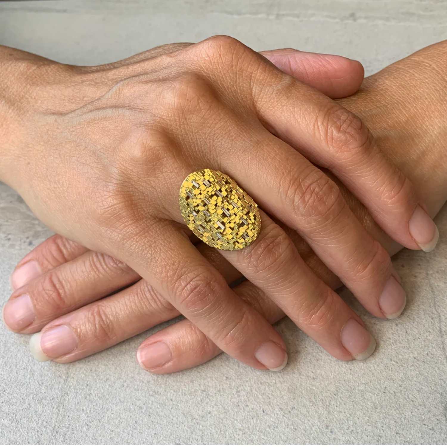 Jo Hayes Ward at E.C.One London CUBE Extra large Shield Ring Yellow Gold with Diamonds